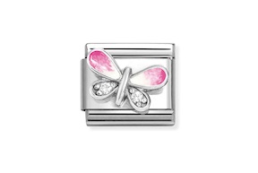 Farfalla Rosa Composable acciaio argento e zirconi