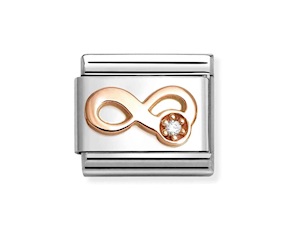 Infinito Pietra Bianca Composable acciaio oro rosa 375 e zirconi Nomination