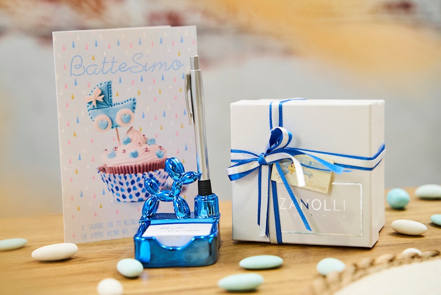 Porta post-it Cane palloncino azzurro con penna e nastro Selezione Zanolli