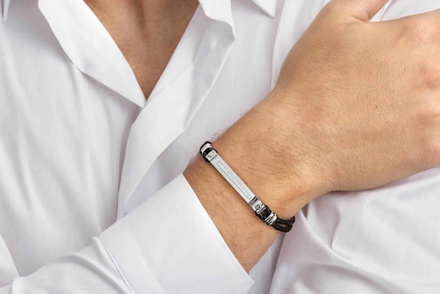 Bracciale Manvision acciaio e pelle nera con cubic zirconia bianchi Nomination