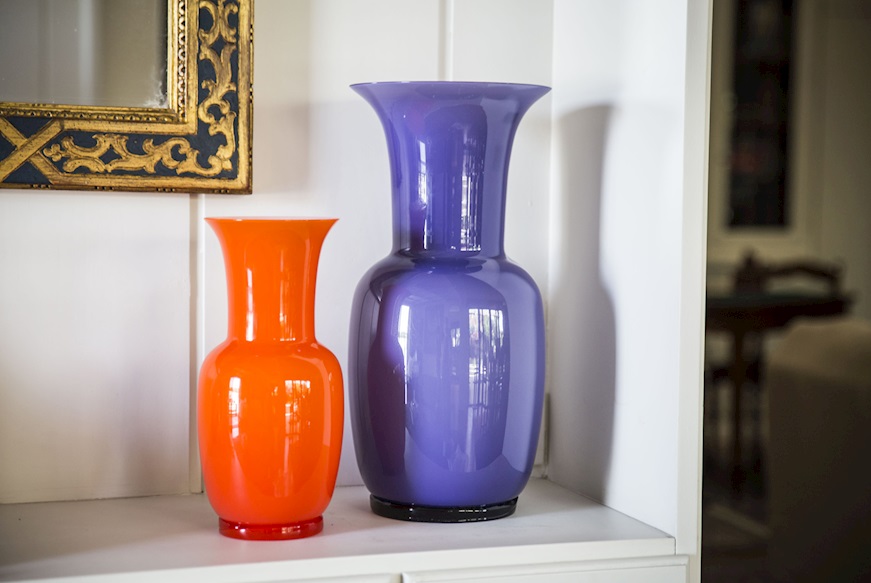 Vaso Opalino vetro di Murano arancio e lattimo Venini