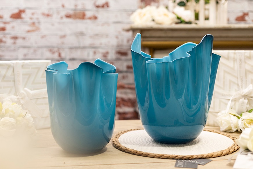 Vase Fazzoletto Murano glass opalino horizon and aquamarine Venini