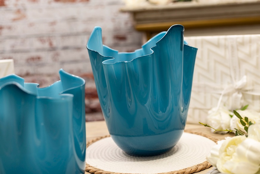 Vase Fazzoletto Murano glass opalino horizon and aquamarine Venini