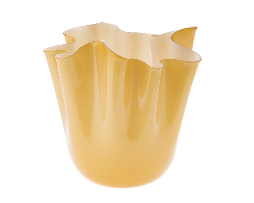 Vaso Fazzoletto vetro di Murano bicolore ambra interno lattimo Venini