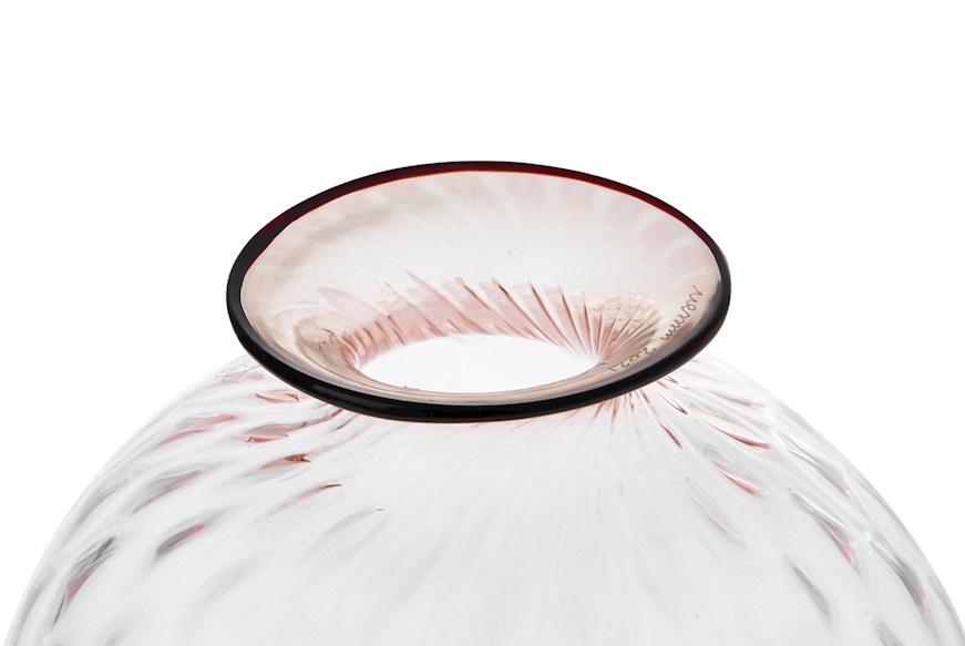 Vaso Monofiore Balloton vetro di Murano rosa cipria con filo rosso sangue di bue Venini