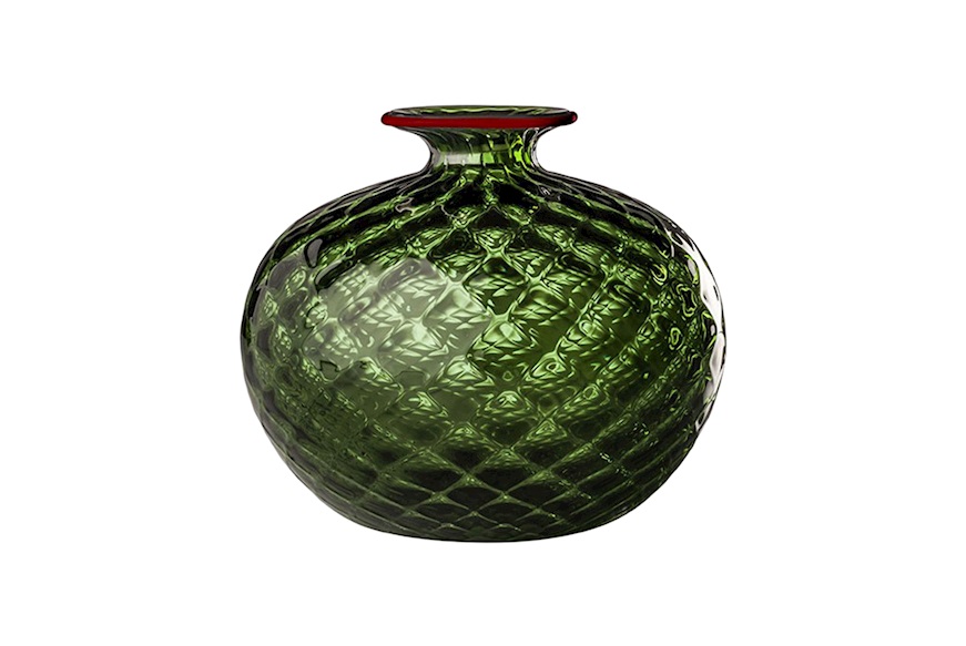 Vase Monofiore Balloton Murano glass apple green with red ring Venini
