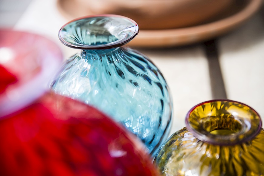 Vaso Monofiore Balloton vetro di Murano orizzonte con filo rosso Venini