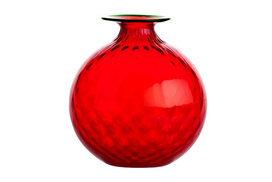 Vaso Monofiore Balloton vetro di Murano rosso con filo verde mela Venini
