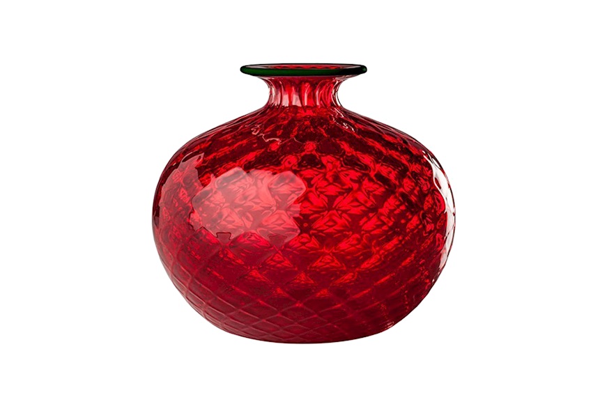 Vase Monofiore Balloton Murano glass red with apple green ring Venini
