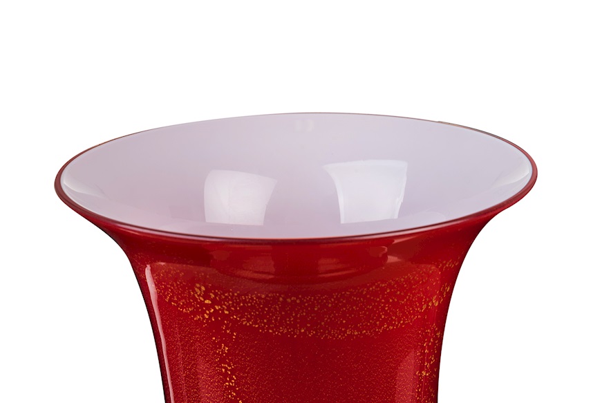 Vase Opalino Murano glass red and pink with gold leaf Venini