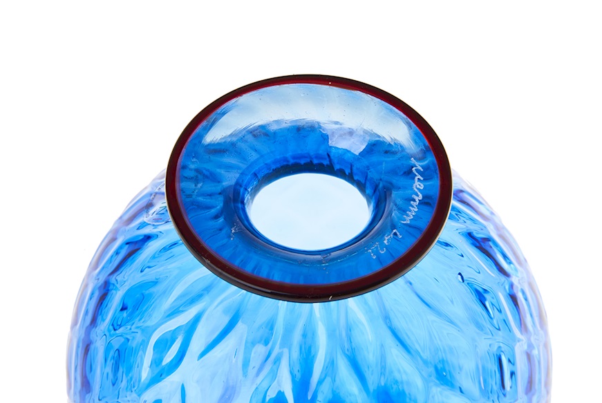 Vaso Monofiore Balloton vetro di Murano zaffiro con filo rosso Venini