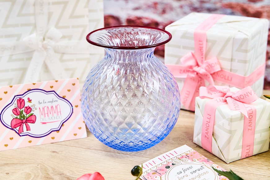 Vase Fiori Balloton Murano glass iceberg with red ring Venini