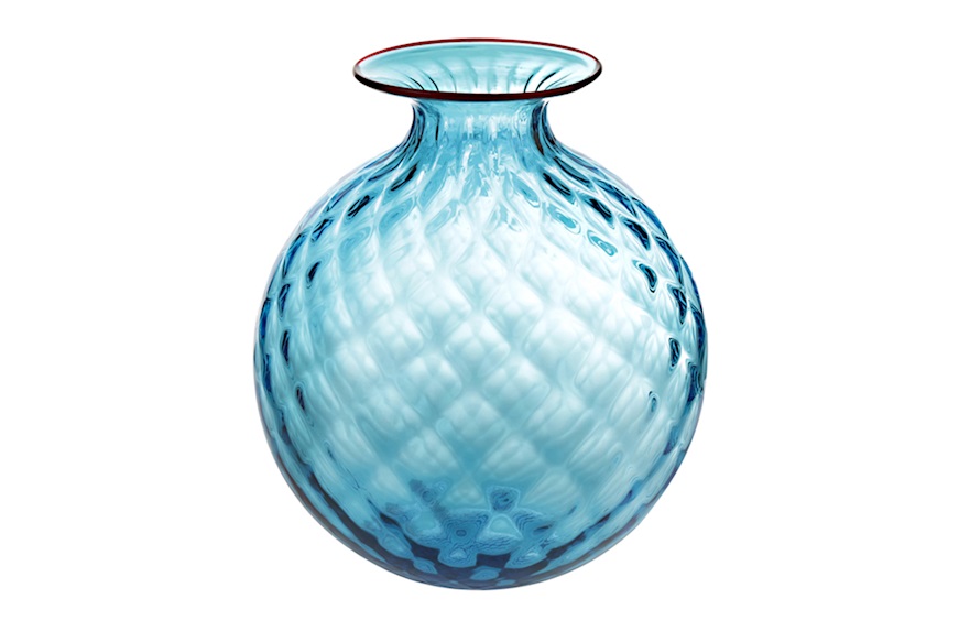 Vaso Monofiore Balloton vetro di Murano acquamare con filo rosso Venini