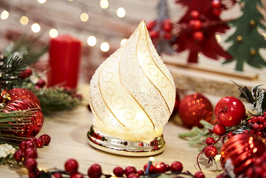 Idea regalo Natale Lume Goccia di Natale con decoro oro e luce LED Selezione Zanolli