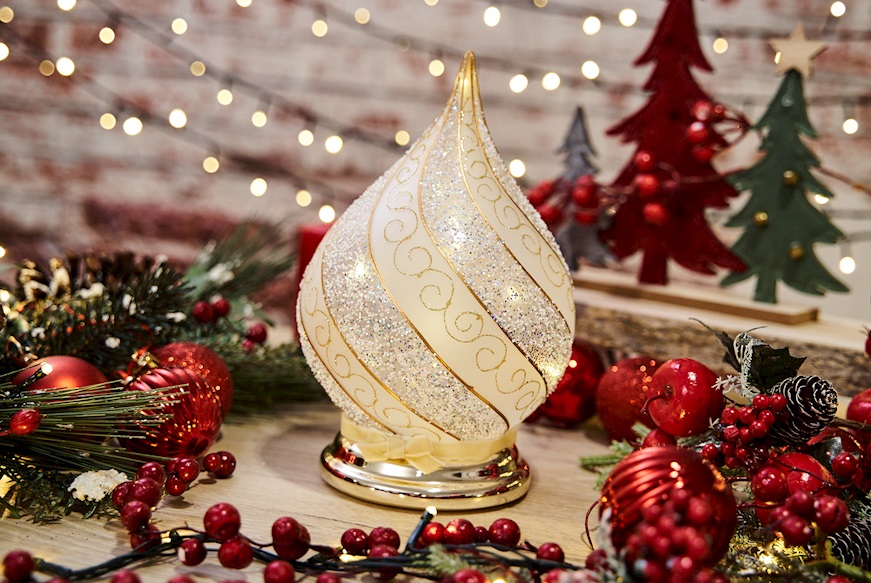 Idea regalo Natale Lume goccia di Natale con decoro oro e luce LED Selezione Zanolli