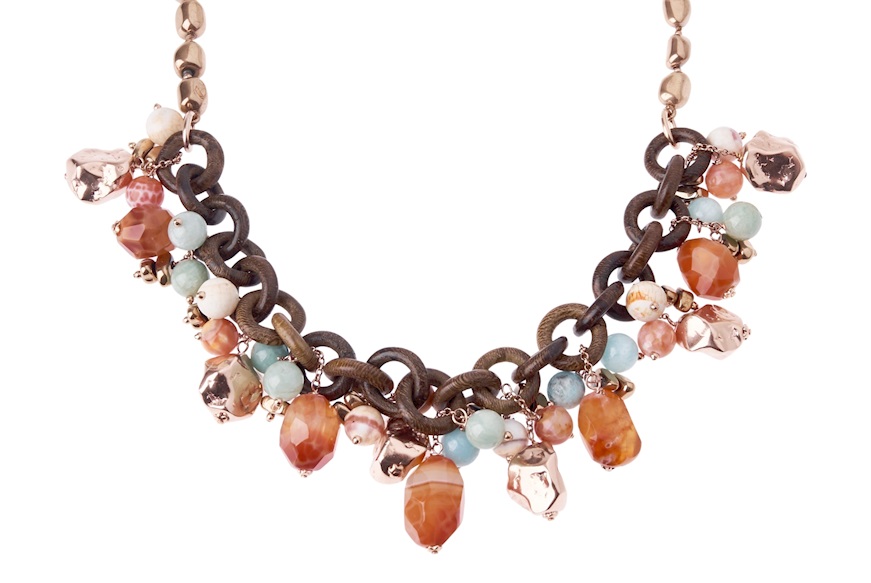 Collana argento rosè con legno, agata africana, amazzonite, ematite Luisa della Salda