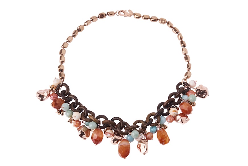 Collana argento rosè con legno, agata africana, amazzonite, ematite Luisa della Salda