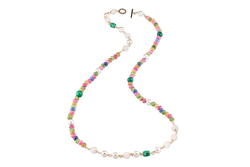 Collana Suzanne ottone dorato con quarzo rosa, perla di maiorca e giada multicolor Sovrani
