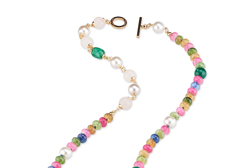 Collana Suzanne ottone dorato con quarzo rosa, perla di maiorca e giada multicolor Sovrani