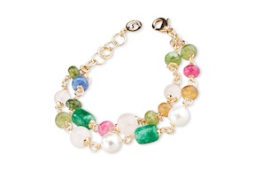 Bracciale Suzanne ottone dorato con quarzo rosa, perla di maiorca e giada multicolor Sovrani