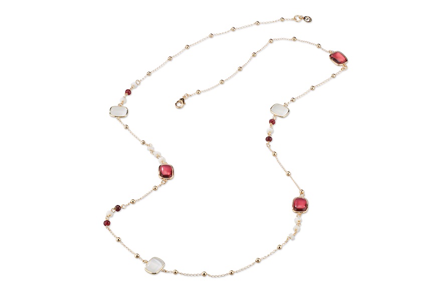 Collana Madeleine ottone dorato con madreperla, occhio di gatto bianco e bordeaux Sovrani