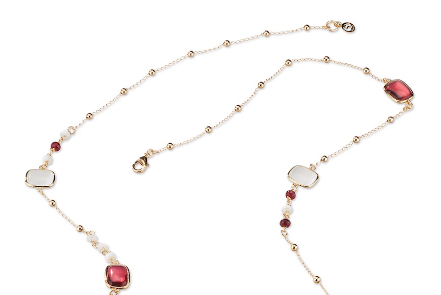 Collana Madeleine ottone dorato con madreperla, occhio di gatto bianco e bordeaux Sovrani