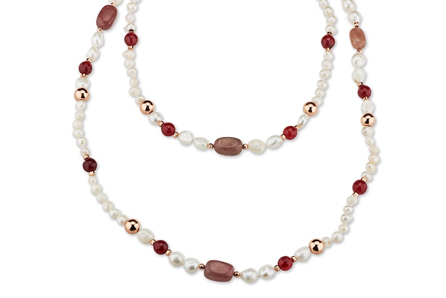 Collana Eulalie ottone con perle di fiume, agata bordeaux e sfere rosè Sovrani