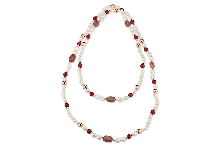 Collana Eulalie ottone con perle di fiume, agata bordeaux e sfere rosè Sovrani