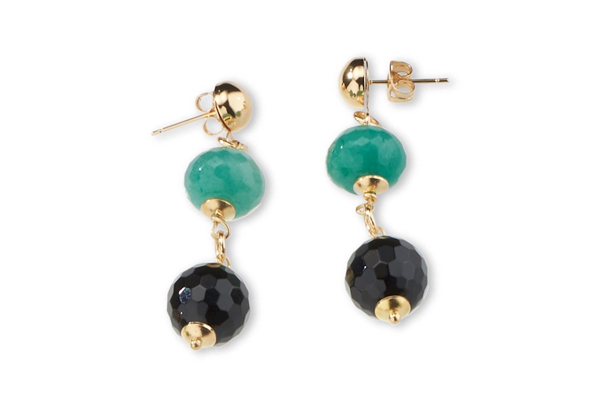 Pendant earrings Sarah brass in gold plated brass with onyx, emerald jade and green jade Sovrani