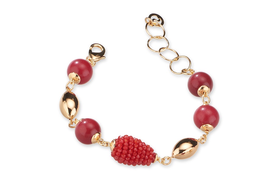 Bracelet Amelie brass in gold plated brass with rubelite jade and red mulberries Sovrani