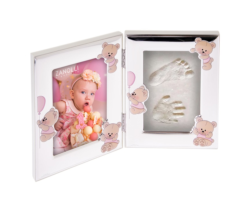 Picture frame Pink Teddy Bears pvd Silver with foot and hand prints kit Selezione Zanolli