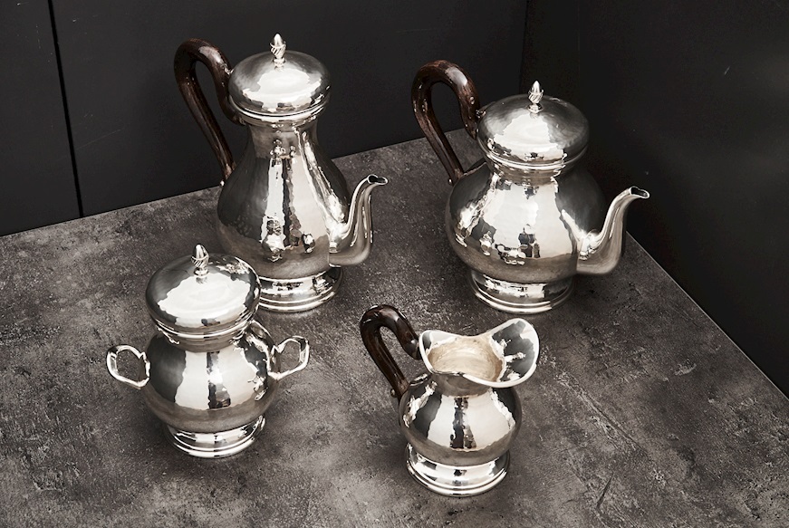 Servizio da caffè argento 1644 grammi 4 pezzi battuto usato ricondizionato Zanolli Vintage