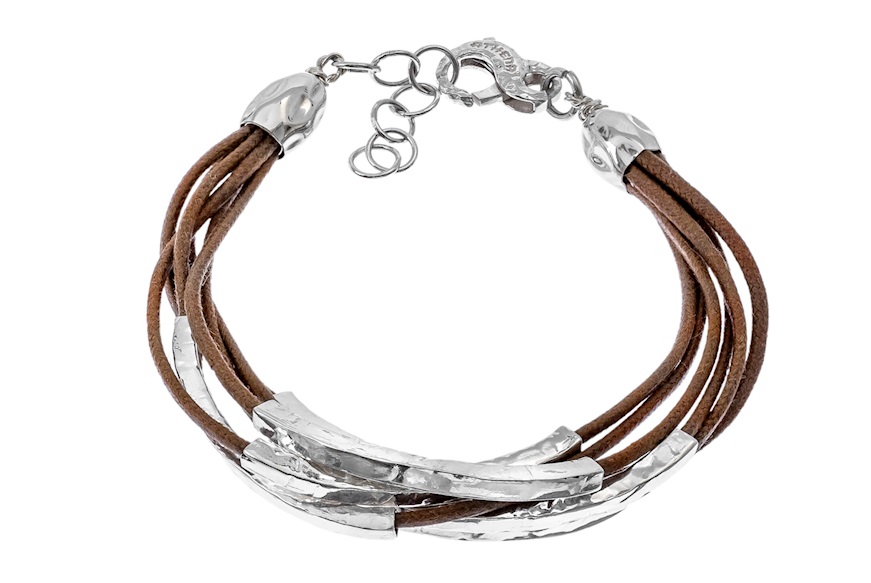 Bracciale Siwa argento con cordino multifilo mattone cerato e barrette martellate Selezione Zanolli