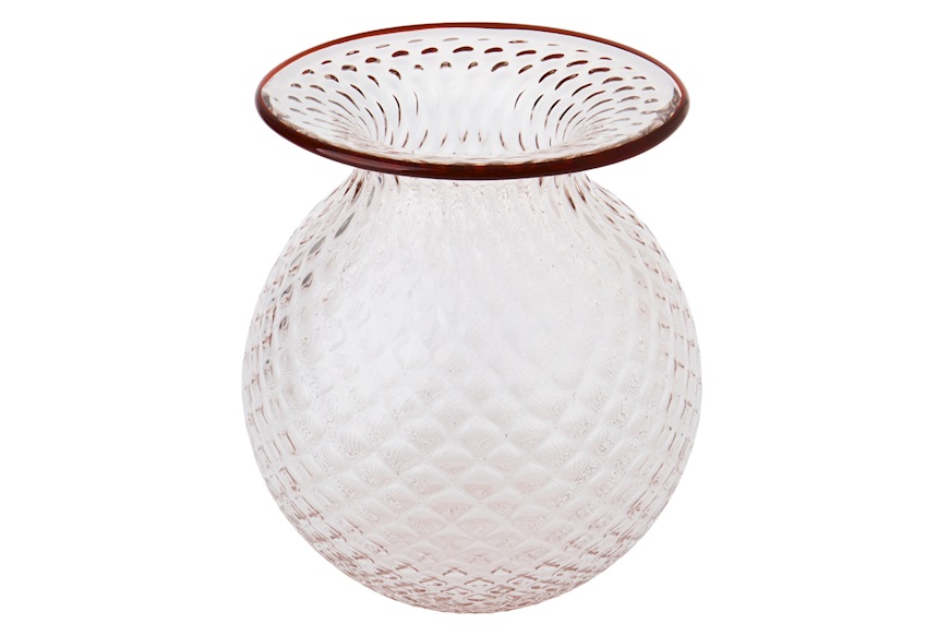 Vaso Fiori Balloton vetro di Murano rosa cipria con filo rosso sangue di bue Venini