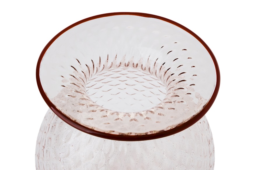 Vaso Fiori Balloton vetro di Murano rosa cipria con filo rosso sangue di bue Venini