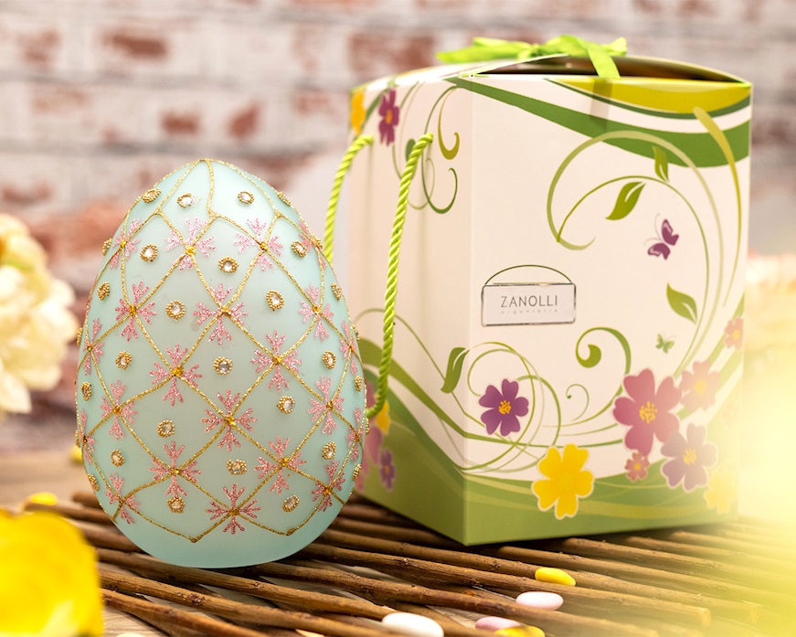 Idea regalo Pasqua Uovo luminoso decorato azzurro con luce LED Selezione Zanolli