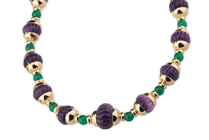 Necklace brass with green quartz and violet polymer Sovrani