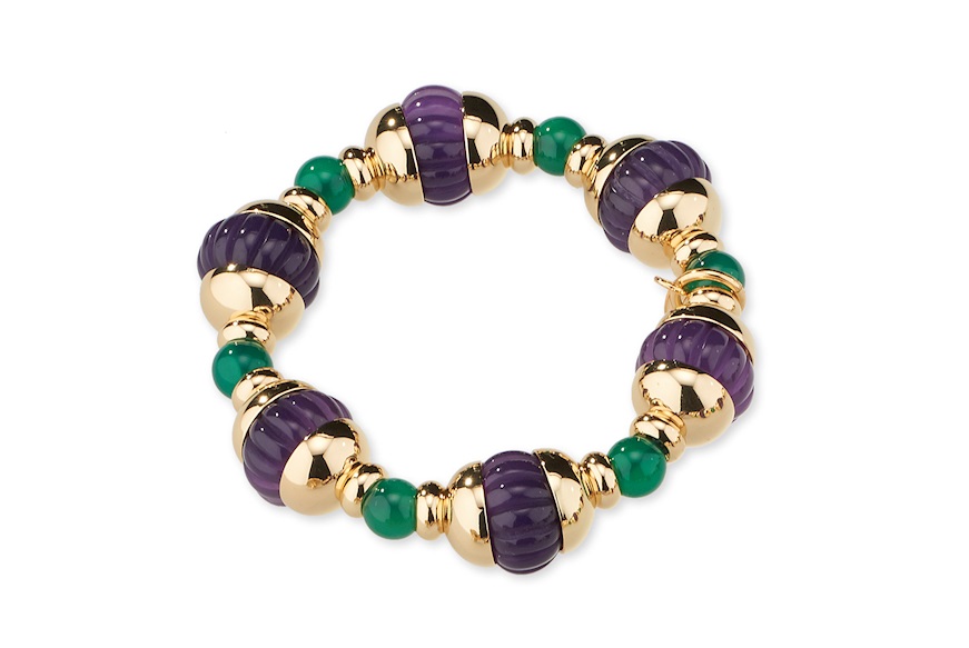 Bracelet brass in gold plated brass green quartz and violet polymer Sovrani