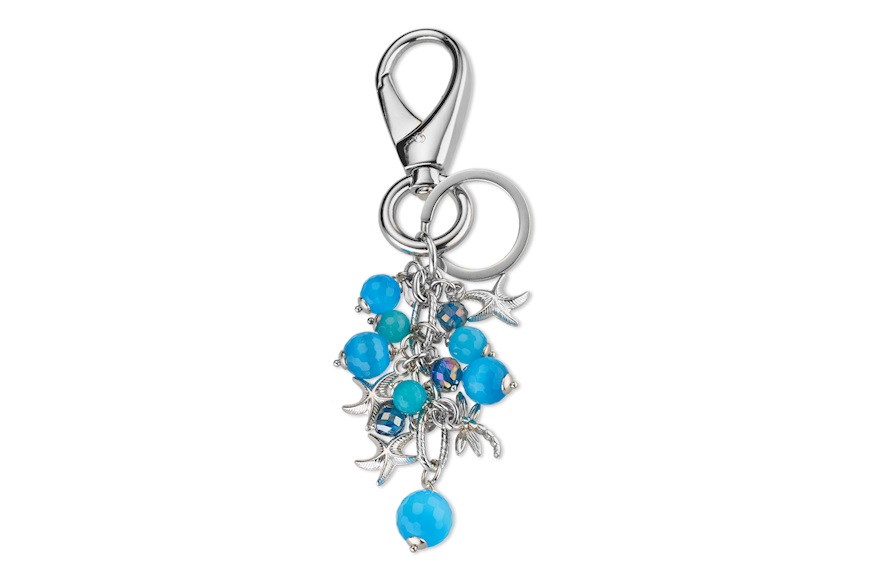 Keychain brass with green jade and blue crystals cat's eye Sovrani