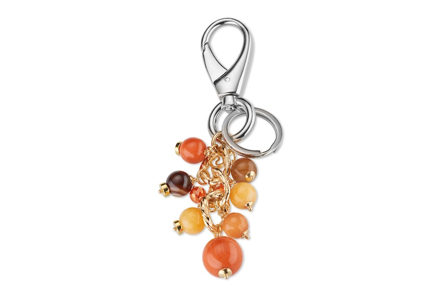 Portachiavi ottone finitura rodio giada arancio agata marrone e cristalli arancio Sovrani
