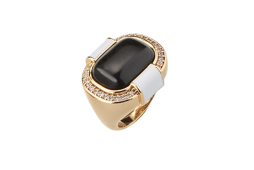 Anello aperto ottone finitura dorata  con quarzo nero, smalto bianco e zirconi Sovrani