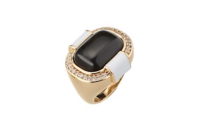 Anello aperto ottone finitura oro con quarzo nero, smalto bianco e zirconi Sovrani