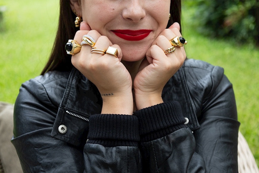 Open ring brass with black quartz, white enamel and zircons Sovrani
