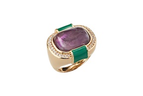 Anello ottone finitura dorata con quarzo viola e smalto verde Sovrani