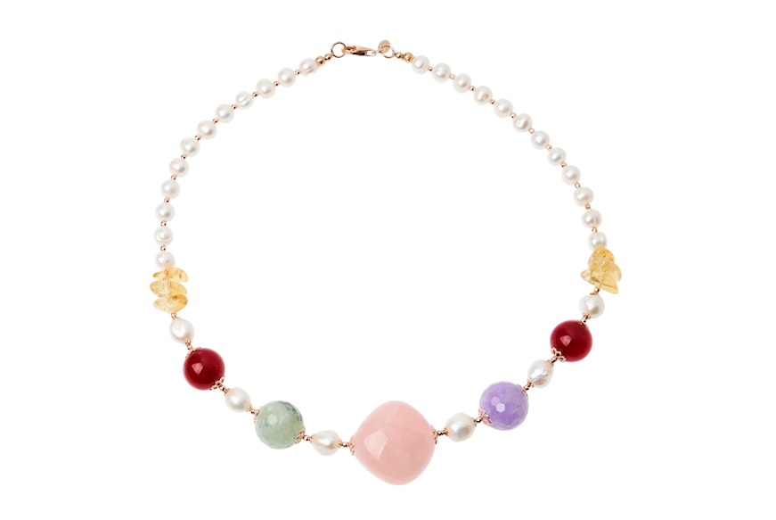 Collana argento rosè perle e quarzi multicolore Luisa della Salda