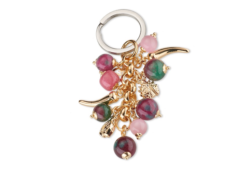 Keychain brass gold finish cat eye pink and jade Sovrani