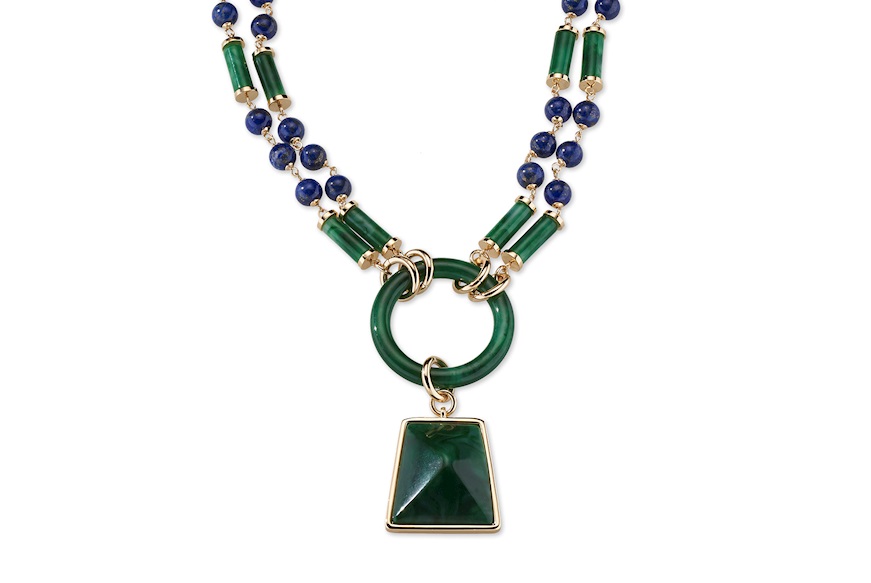 Collana ottone finitura dorata con quarzo blu e agata verde Sovrani
