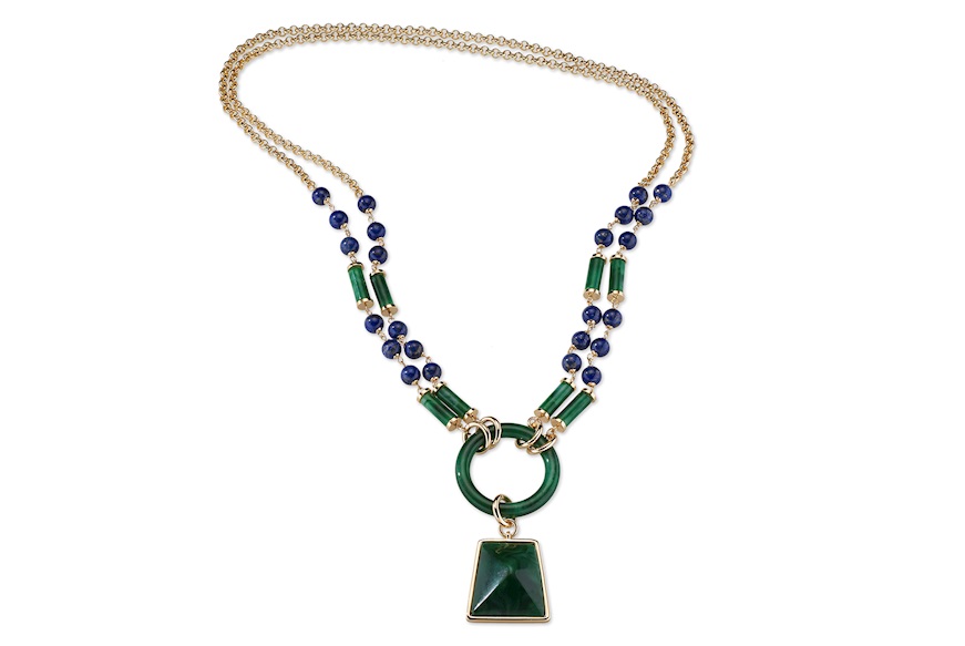 Collana ottone finitura dorata con quarzo blu e agata verde Sovrani
