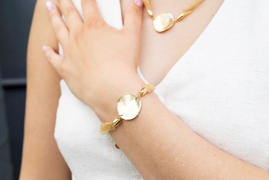 Bracciale argento dorato con maglia a rete e tondo centrale Selezione Zanolli