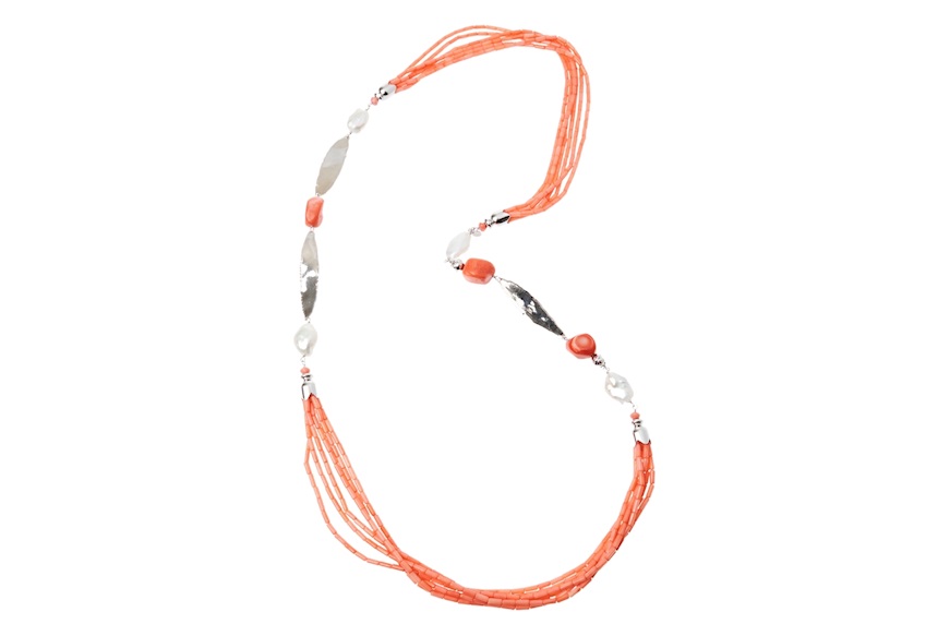 Collana argento con corallo bamboo e perle Luisa della Salda